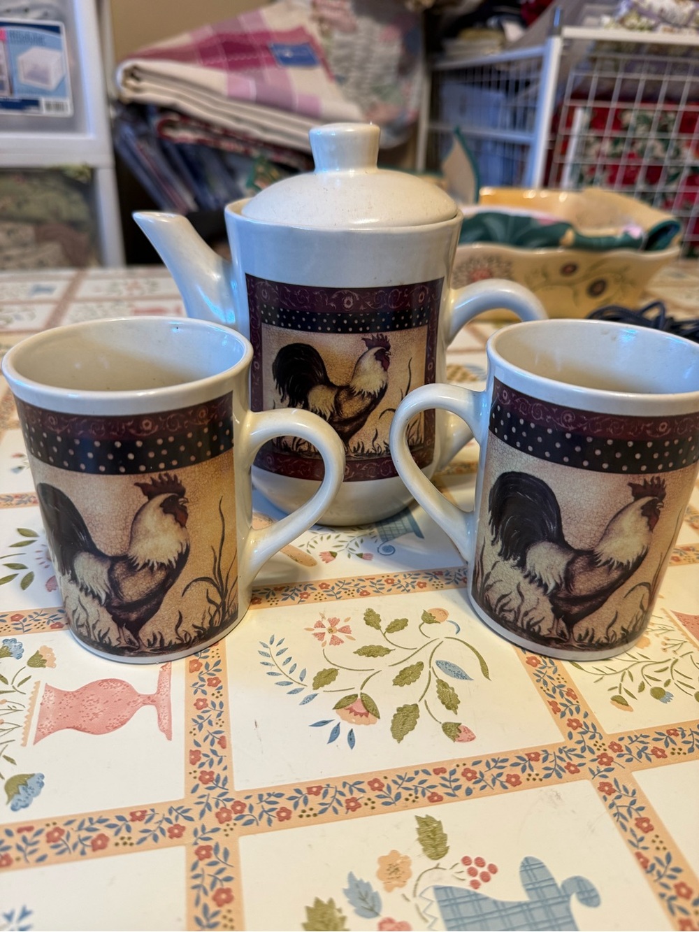 Bay Island Inc. (B.I. Inc.) rooster-themed ceramic tea set. Features distinctive